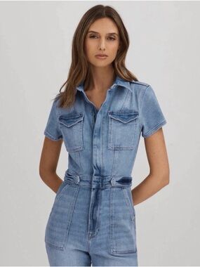Good American Light Blue Denim Short-Sleeve Jumpsuit